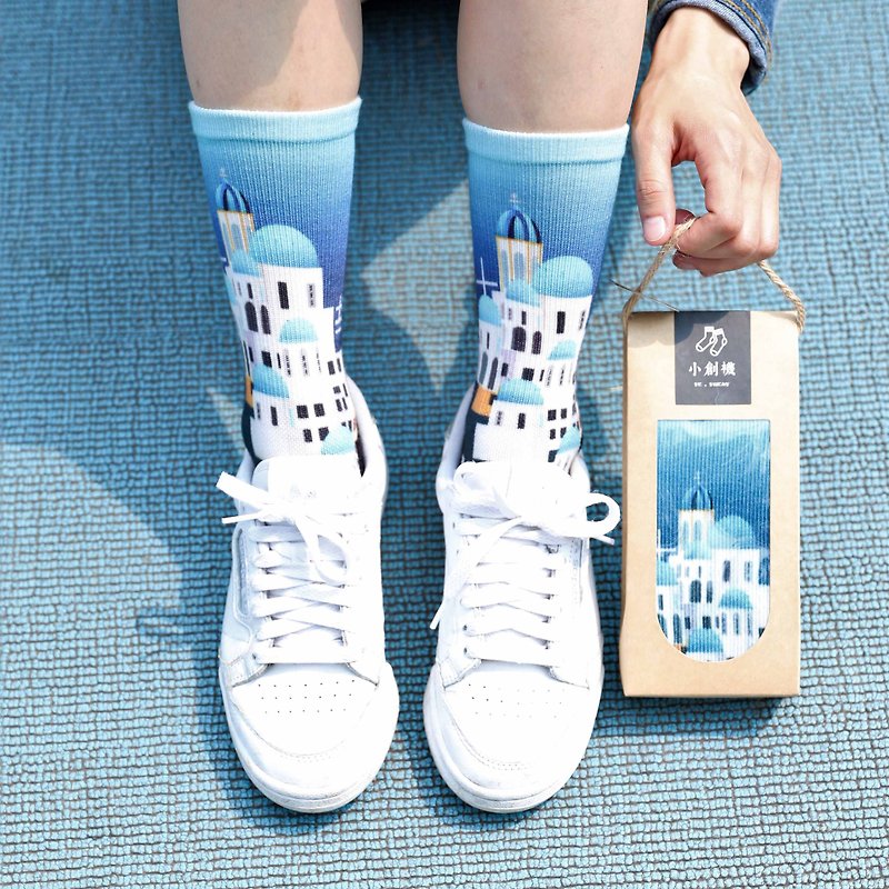 [Small Creation Socks] World Socks-Mediterranean Greece Blue and White House/Travel/World/Blue and White Mountaineering Socks - Socks - Eco-Friendly Materials Blue