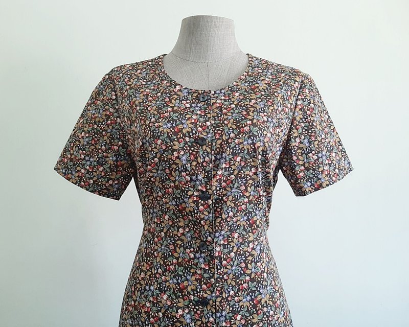 Vintage Brown Floral Print Dress - ชุดเดรส - ผ้าฝ้าย/ผ้าลินิน สีนำ้ตาล