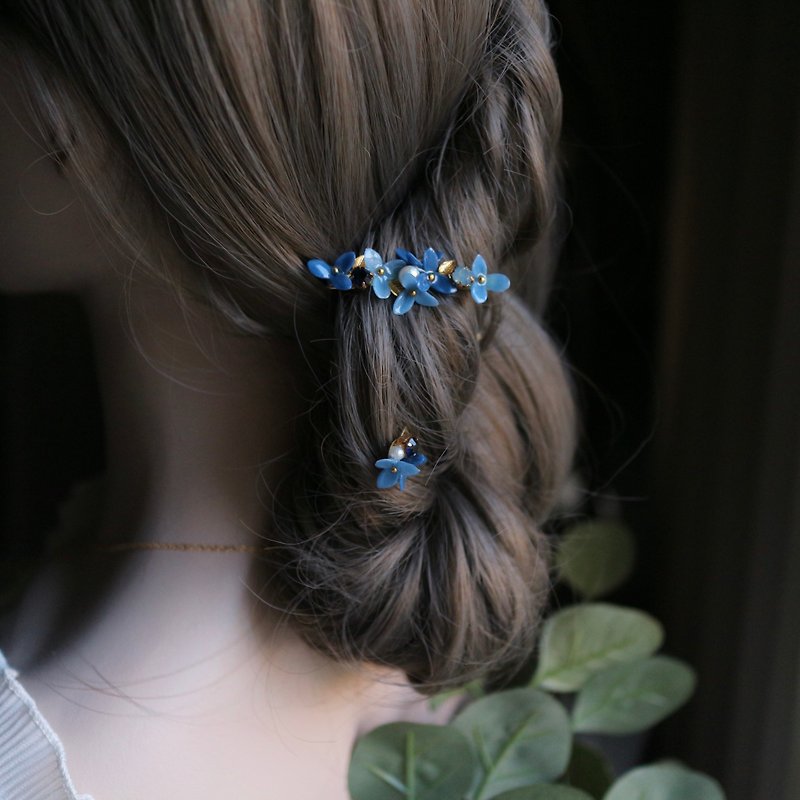 髮飾髮夾a57漸層藍色 新娘秘書 純手工造花 水鑽石棉珍珠海軍藍色 - 髮飾 - 樹脂 藍色