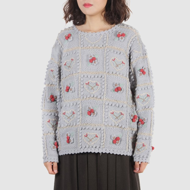 [Egg plant vintage] Aurora afternoon tea three-dimensional woven flower vintage sweater - Women's Sweaters - Wool 