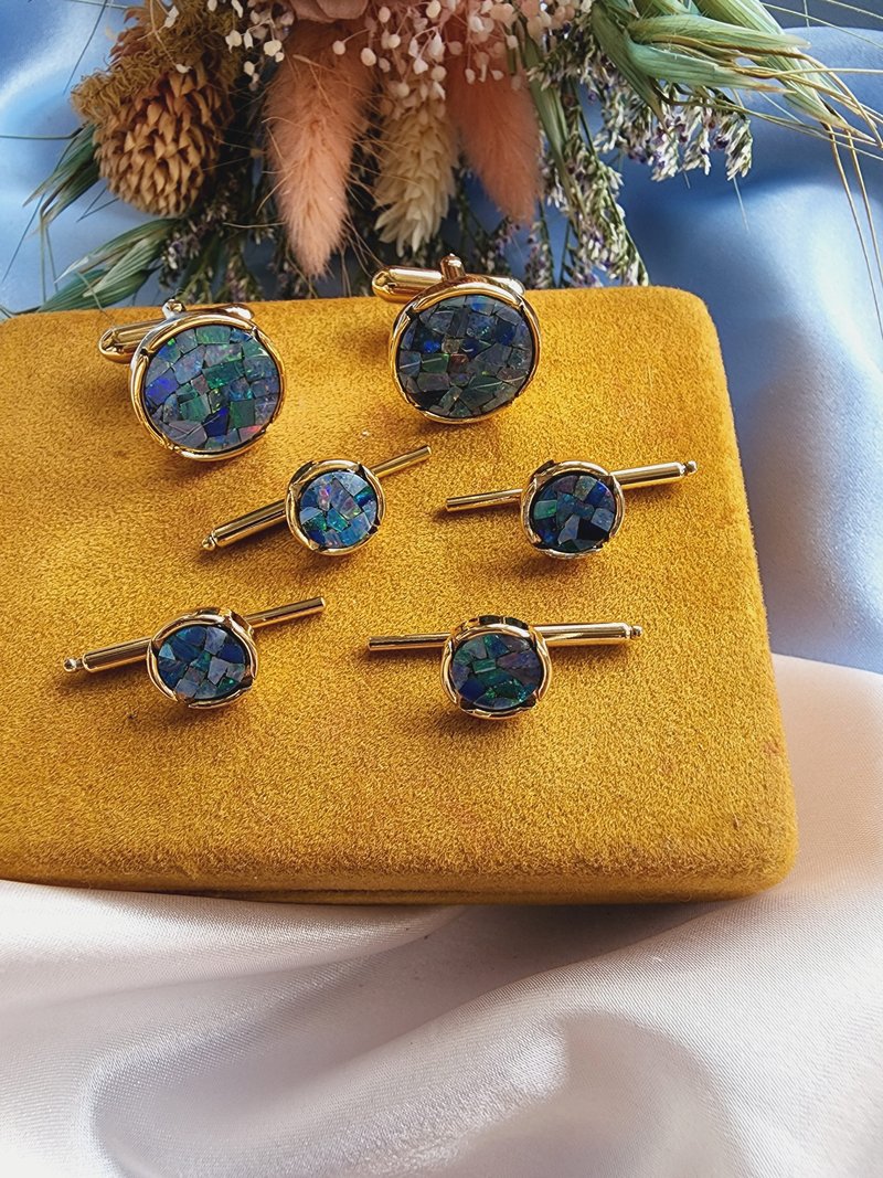 美國西洋古董飾品 / 孔雀藍火光馬賽克裂紋古董袖扣Cufflinks - 袖扣 - 其他材質 