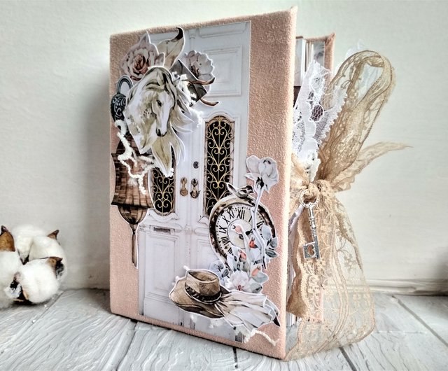 Shabby Chic Junk Journal book, Treasure Book, White and Pink Lace