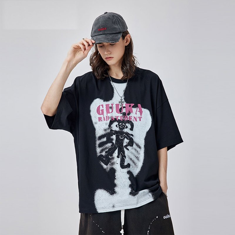 夏季廓形短袖T恤  男士印花上衣 - 男 T 恤 - 棉．麻 黑色