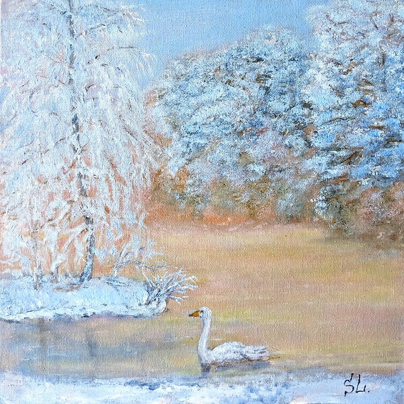 Winter Landscape Handmade Oil Painting Wall Art Swan River Bird Sunrise Pink Sky - โปสเตอร์ - วัสดุอื่นๆ สึชมพู