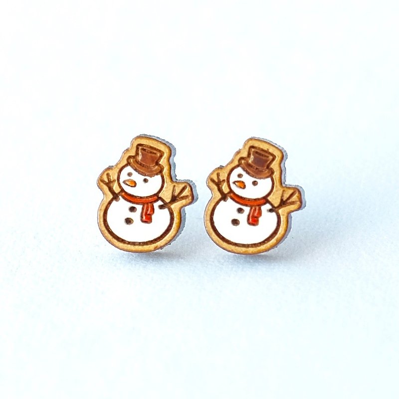 Painted wood earrings-Snowman - ต่างหู - ไม้ ขาว