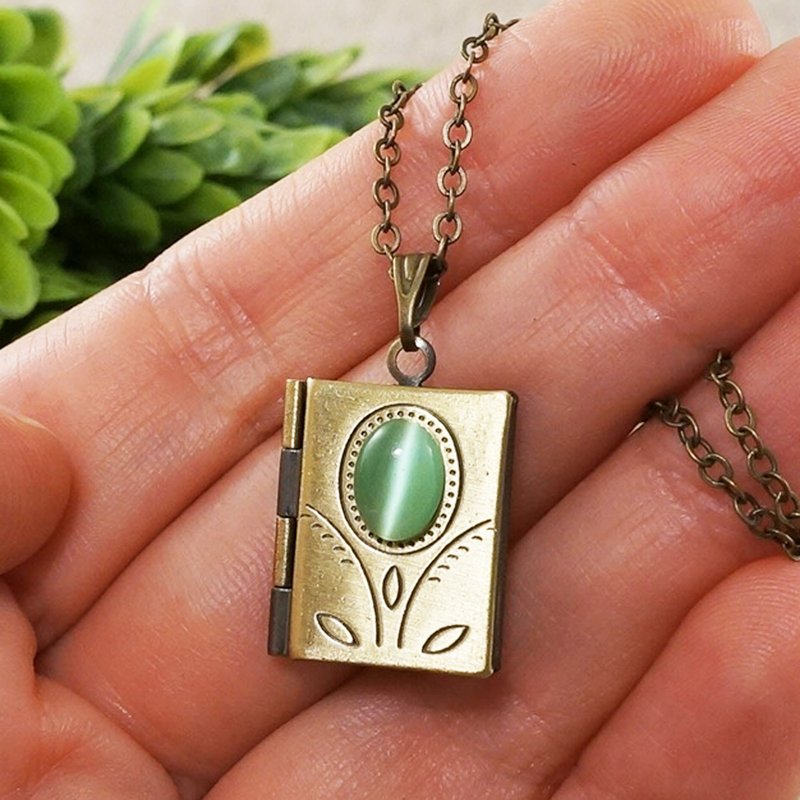 Mint Green Cat Eye Photo Locket Rectangle Book Pendant Necklace Woman Jewelry - สร้อยคอ - เครื่องประดับพลอย สีเขียว