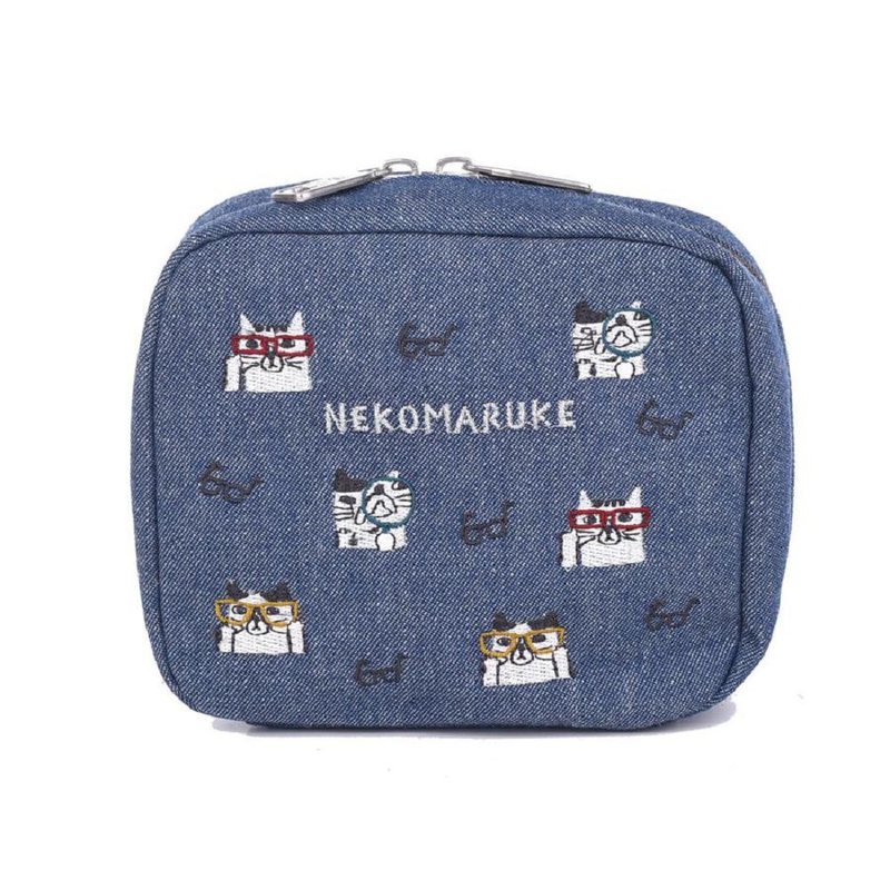 Kusuguru Japan Cosmetic Bag Small Item Bag Double Zipper Large Opening Multi-Pocket Storage Bag - Denim Blue - กระเป๋าเครื่องสำอาง - เส้นใยสังเคราะห์ สีน้ำเงิน