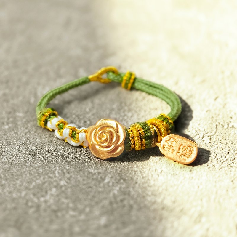 【森林系】保色沙金玫瑰編織手繩-草綠色-禮盒包裝 - 手鍊/手環 - 繡線 綠色