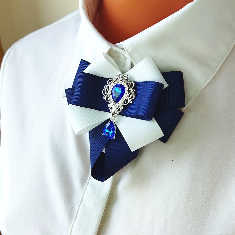 Neck bow for women. Blue white collar bow brooch. Bow tie pin with blue crystal. - Brooches - Polyester Blue