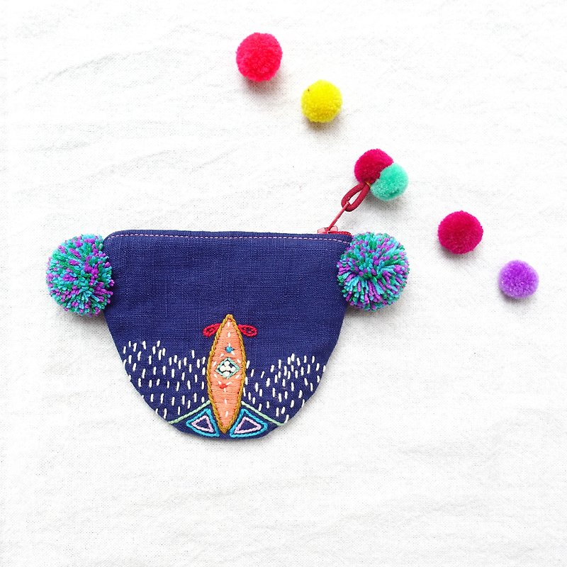 DUNIA world manufacture / Seed Pocket / seed bag - coin purse embroidery purse # 14 - กระเป๋าใส่เหรียญ - ผ้าฝ้าย/ผ้าลินิน สีน้ำเงิน