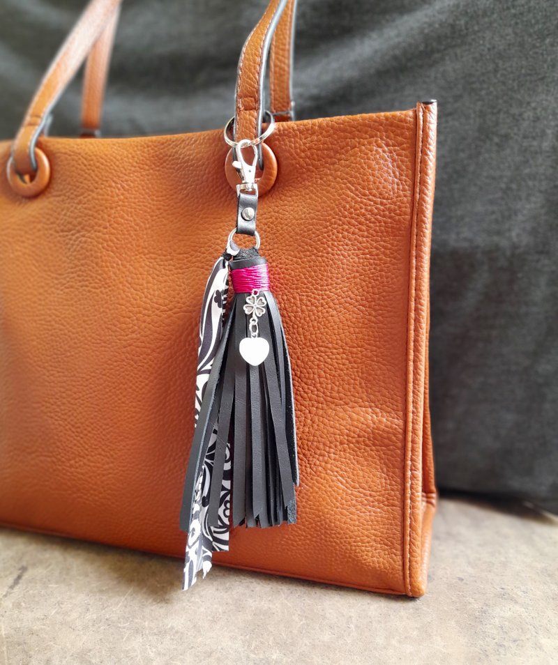 Black Leather Tassel Bag Charm with Four Leaf Clover, Moonstone Heart Pendant - Charms - Genuine Leather Black