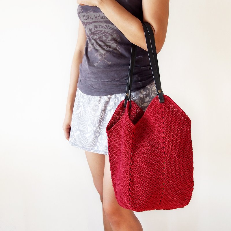 Handmade Granny square crochet shopping bag dark red with genuine leather strap - Handbags & Totes - Other Materials Red