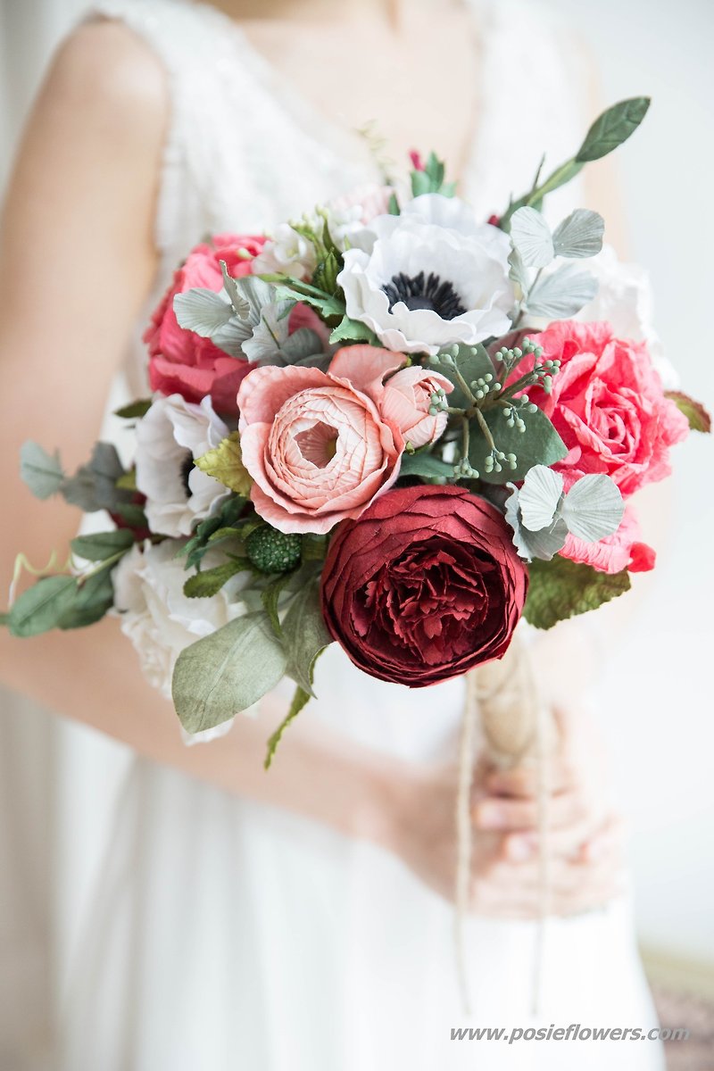 Red and Peach Anemone Bridal Bouquet - Wood, Bamboo & Paper - Paper Red