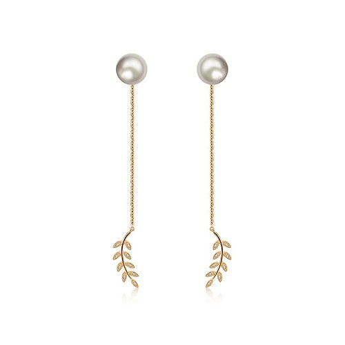Genevieve Collection 18k月桂葉形長耳鍊珍珠鑽石耳環