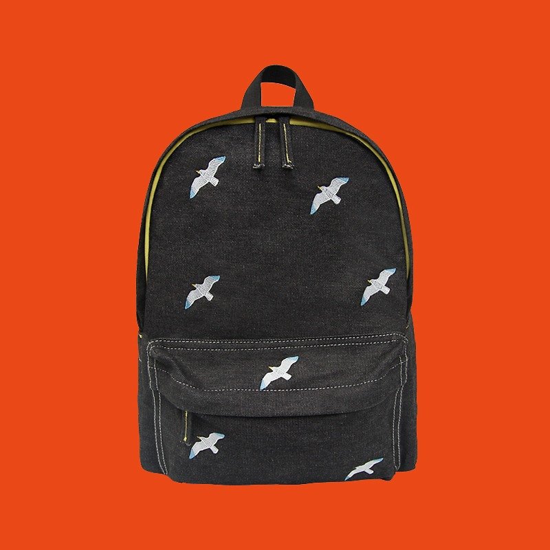 YIZISTORE 後背包書包牛仔繡花雙肩包－黑色海鷗 - 後背包/書包 - 其他材質 黑色