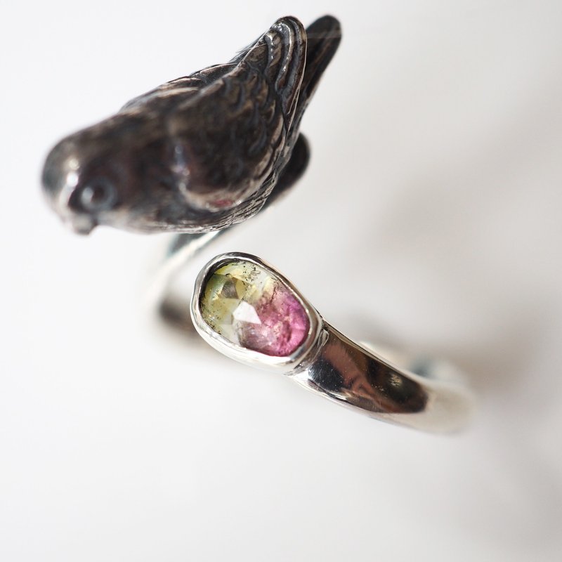 Hand-riding lovebird by color tourmaline ring - แหวนทั่วไป - โลหะ สีเงิน