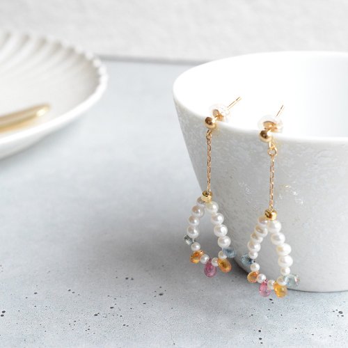 JEWELRY and PEARL FUKUDA Briolette Cut花式藍寶石和珍珠耳環 日本製造 耳夾耳環