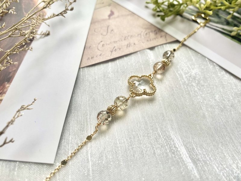 黑金超七的透明四葉草手鍊 天然石飾品 天然石手鍊 OT扣 14k包金 - 手鍊/手環 - 其他金屬 金色