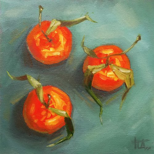 Diven.art Original oil painting on canvas Still life Tangerines with leaves 20x20 cm