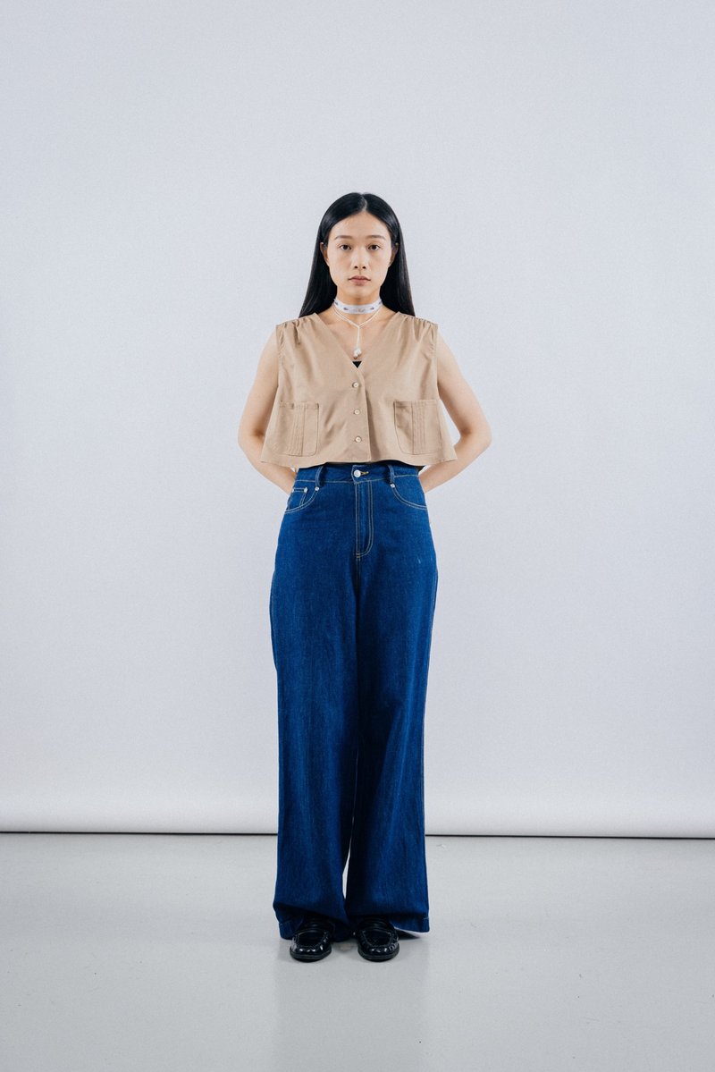 馬甲背心 Cropped Short - Sleeved Denim Top - 背心/無袖上衣 - 其他材質 卡其色