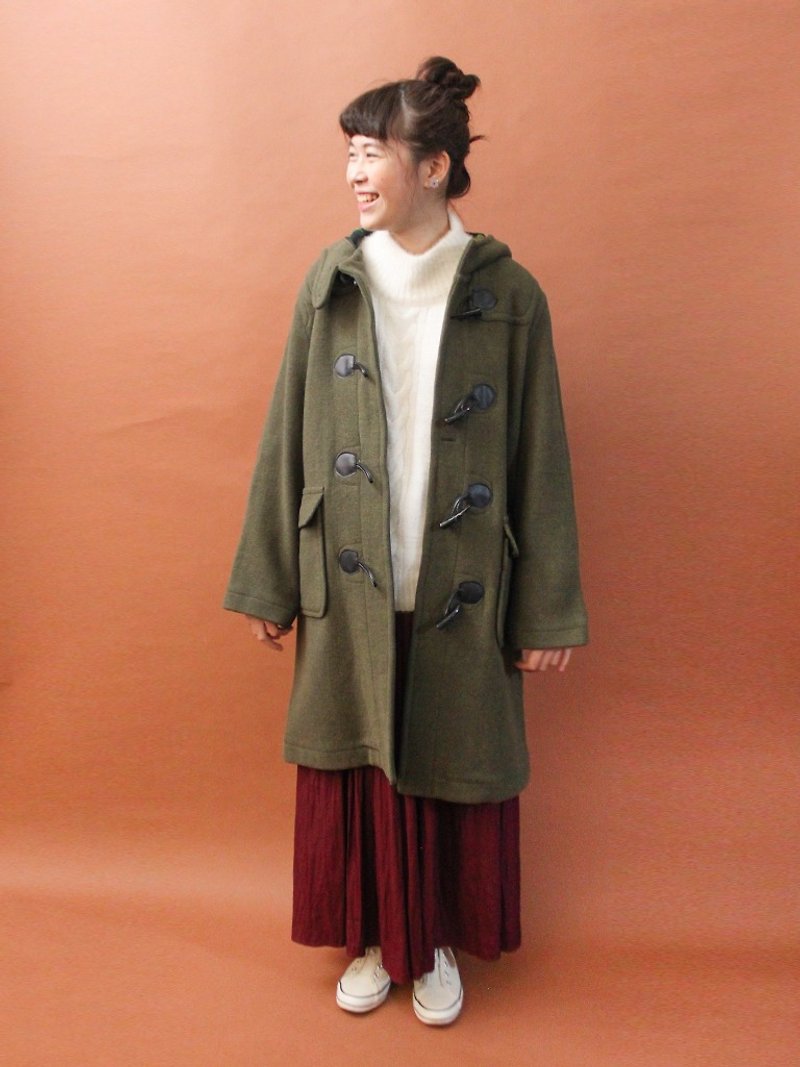 Retro autumn and winter college wind wild neutral lining army green long version wool Nigu coat coat - เสื้อแจ็คเก็ต - ขนแกะ สีเขียว