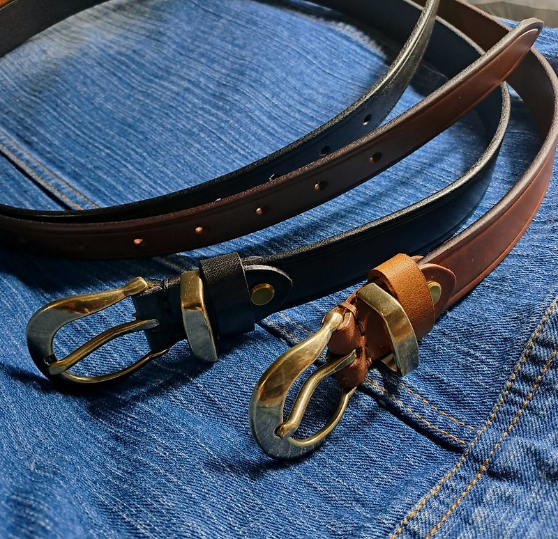 uriah handmade leather vintage top layer cowhide vegetable tanned leather brass Bronze buckle belt belt genuine leather - เข็มขัด - หนังแท้ 