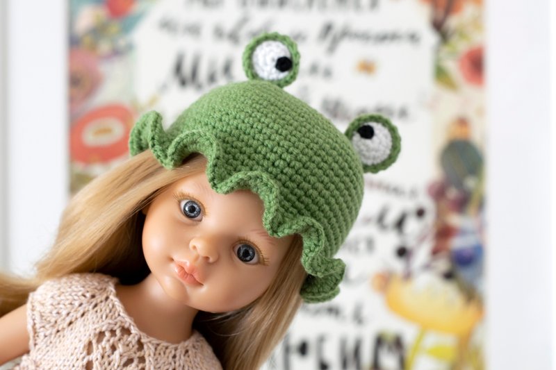 Frog hat for 13 inch Paola Reina doll, Meadowdoll Dumpling, animals hat, 针织帽 - 寶寶/兒童玩具/玩偶 - 棉．麻 綠色