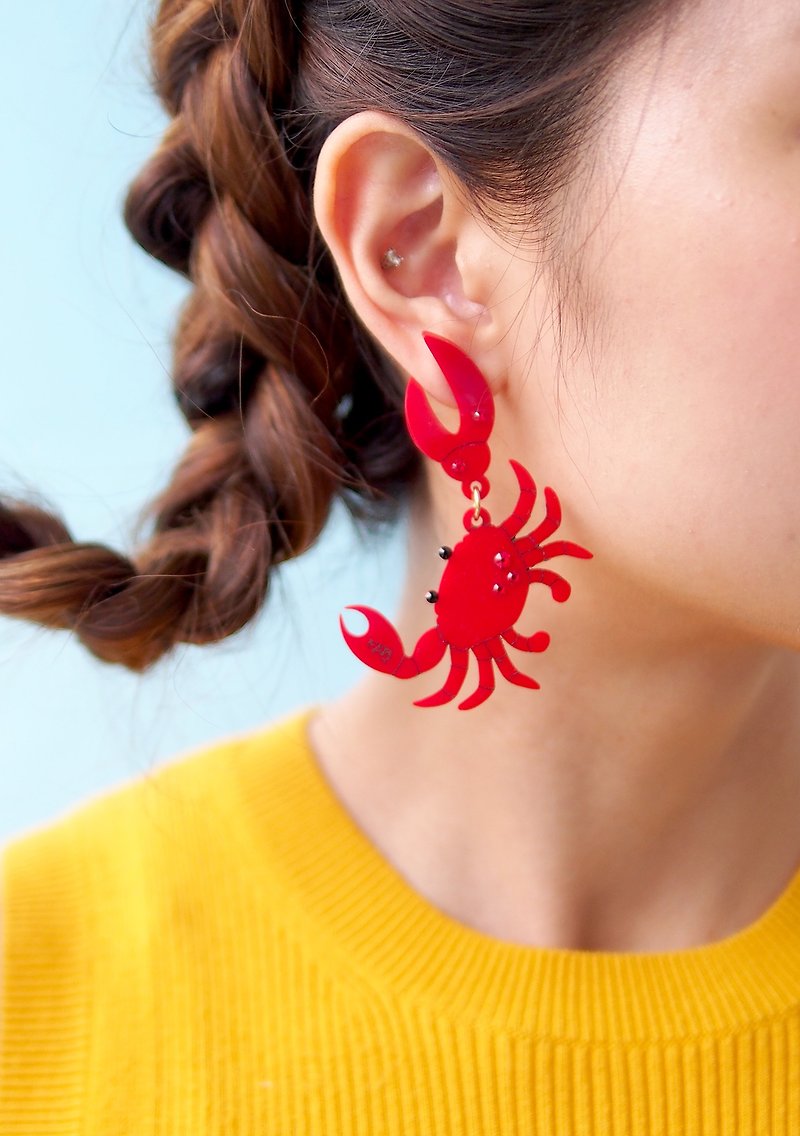螃蟹耳環 - 耳環/耳夾 - 壓克力 紅色