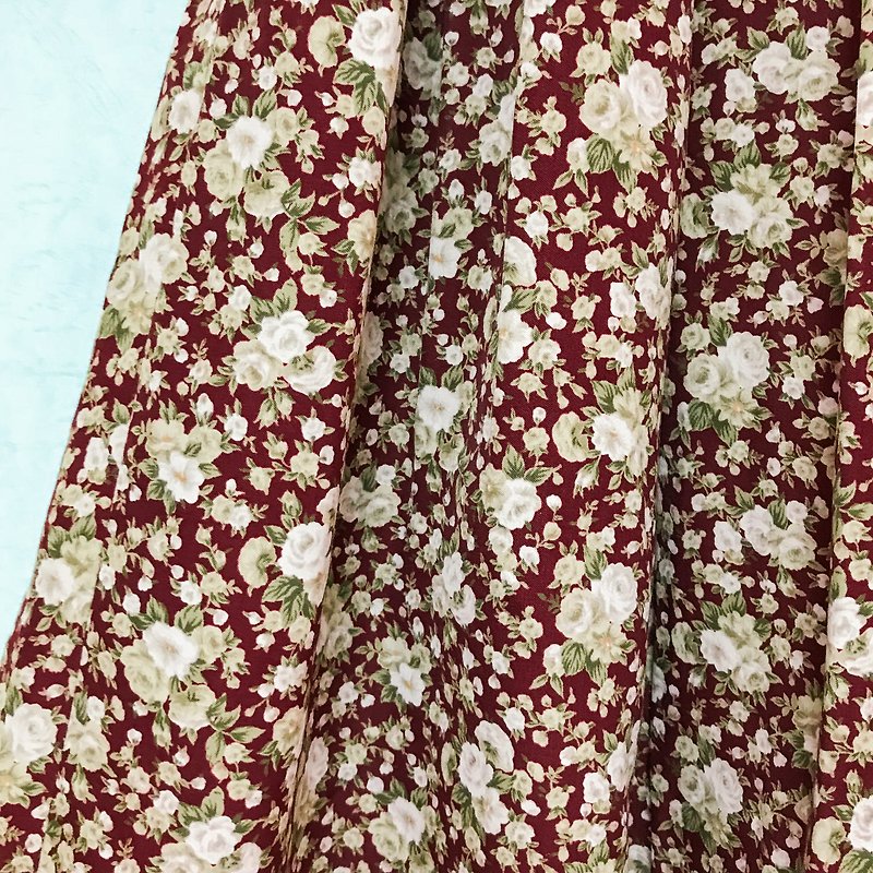 Skirt / Burgundy Floral Knee Skirt - กระโปรง - เส้นใยสังเคราะห์ สีแดง