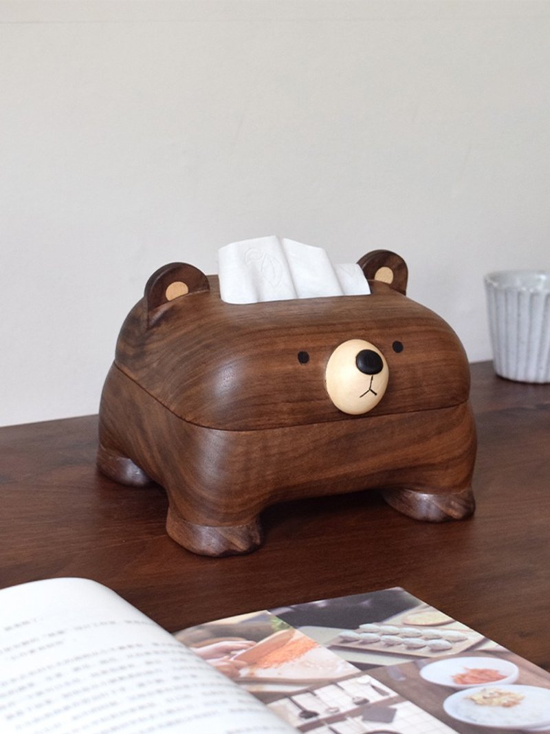 Bear Tissue Box Creative Cartoon Wooden Cute Desktop Living Room Black Walnut Tissue Box - กล่องเก็บของ - ไม้ 