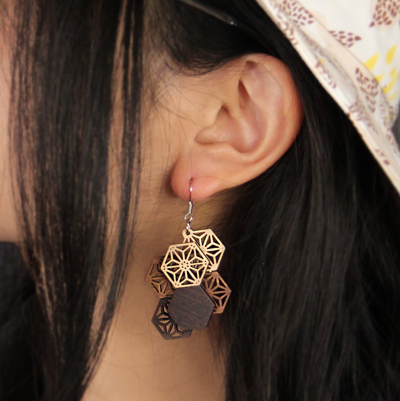 【Gradient】Japanese Style Kumiko Pattern Single Dangle Earring - Earrings & Clip-ons - Wood Brown