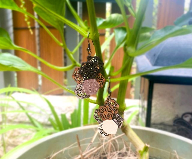層Gradient】日式和風花紋木質垂墜式耳環鍍銀抗敏耳針可改夾木回