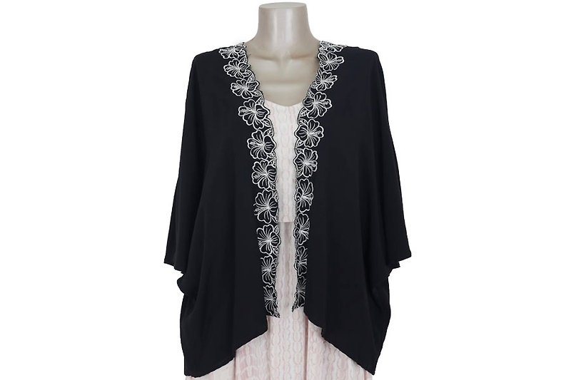Hibiscus embroidered kimono cardigan <black> - Overalls & Jumpsuits - Other Materials Black