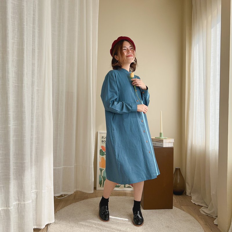 Holly Linen Dress : Ocean blue - One Piece Dresses - Cotton & Hemp Blue