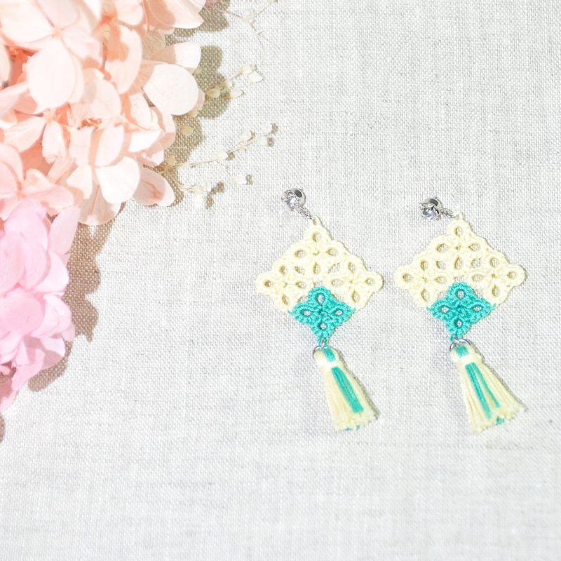 【Made To Order】Mosaic Square Tassel Earrings Tatting – Yellow X Peacock Green - Earrings & Clip-ons - Thread Yellow