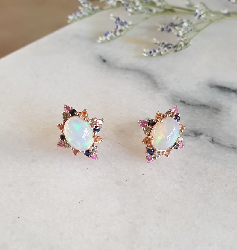 Opal earrings decorated with fancy sapphire - Earrings & Clip-ons - Semi-Precious Stones White