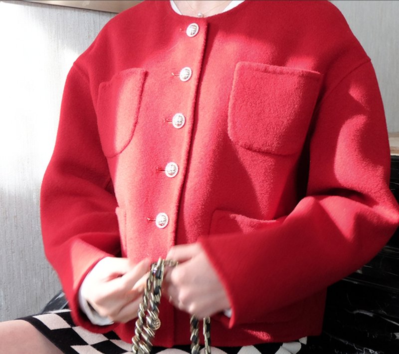 【手工製作】法式/復古/短款上衣 - 女上衣/長袖上衣 - 聚酯纖維 紅色