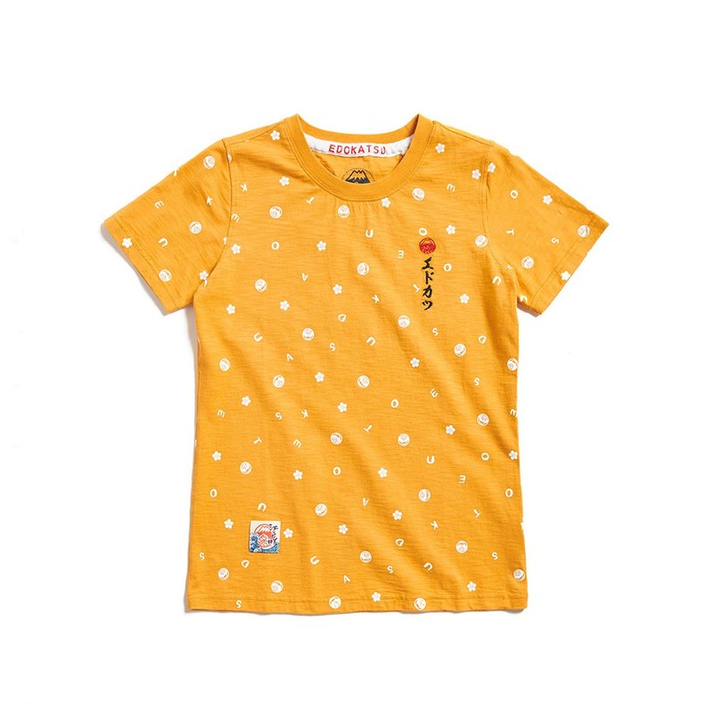 Edo Katsu Japanese style Mount Fuji classic all-over LOGO short-sleeved T-shirt - Women's (orange) #Top - เสื้อยืดผู้หญิง - ผ้าฝ้าย/ผ้าลินิน สีเหลือง