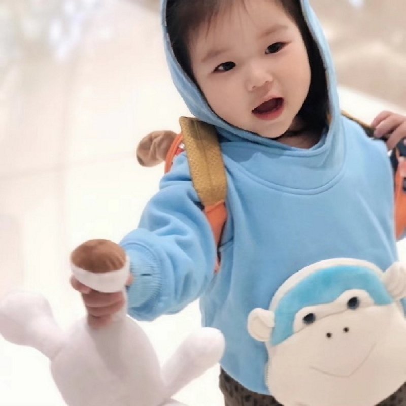 【聖誕新年禮物】連帽運動衫兒童猴子臉CVC棉桃皮絨天藍色連帽衛 - 中性衛衣/T 恤 - 棉．麻 藍色