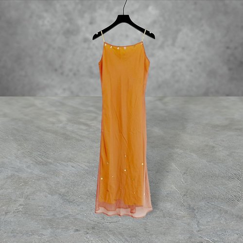 蘿綺莉蕾芭索 二手 橘色 變色光 薄紗飄逸 彈性 亮片 無拉鍊 洋裝 PF518B