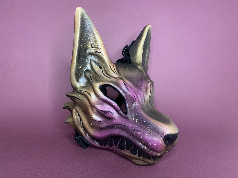 Japanese Kitsune mask, Starry Sky Purple and Gold fox mask, Pink fox - 口罩/口罩收納套 - 樹脂 紫色