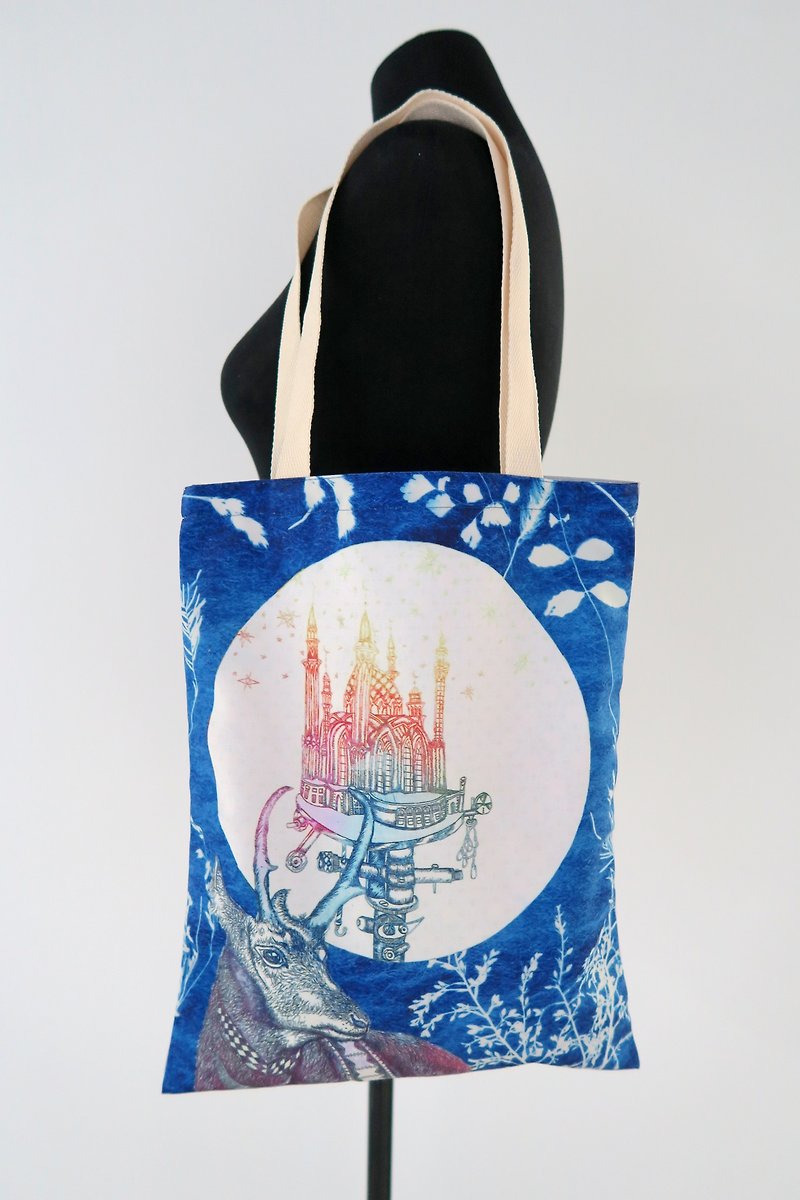 My Dear Castle Tote Bag by Artist Sarah Tse - กระเป๋าแมสเซนเจอร์ - ผ้าฝ้าย/ผ้าลินิน สีน้ำเงิน
