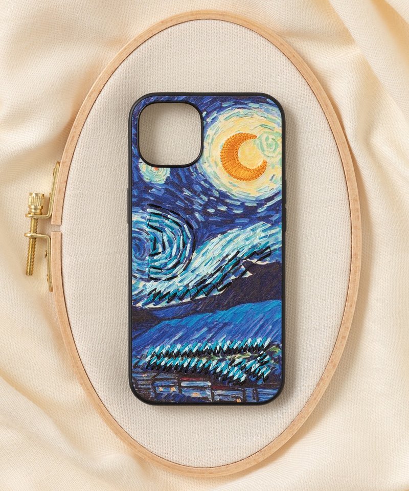 3D Embroidery Smartphone Case iPhone 13 PBAT PU Leather Art x Dark Blue - Phone Cases - Polyester Multicolor