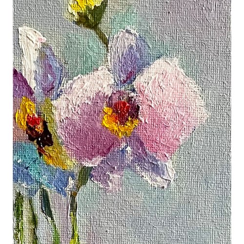 油彩画 花 ピンク ダークグリーン ピンクの蘭の絵、花の油絵、鉢植えの胡蝶蘭、オリジナルアート
