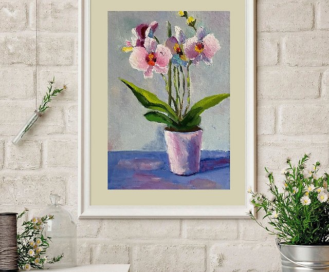 ピンクの蘭の絵、花の油絵、鉢植えの胡蝶蘭、オリジナルアートワーク