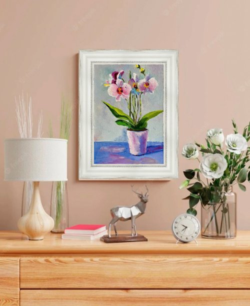 ピンクの蘭の絵、花の油絵、鉢植えの胡蝶蘭、オリジナルアート