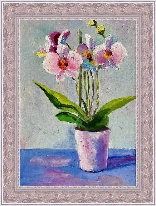 ピンクの蘭の絵、花の油絵、鉢植えの胡蝶蘭、オリジナルアートワーク
