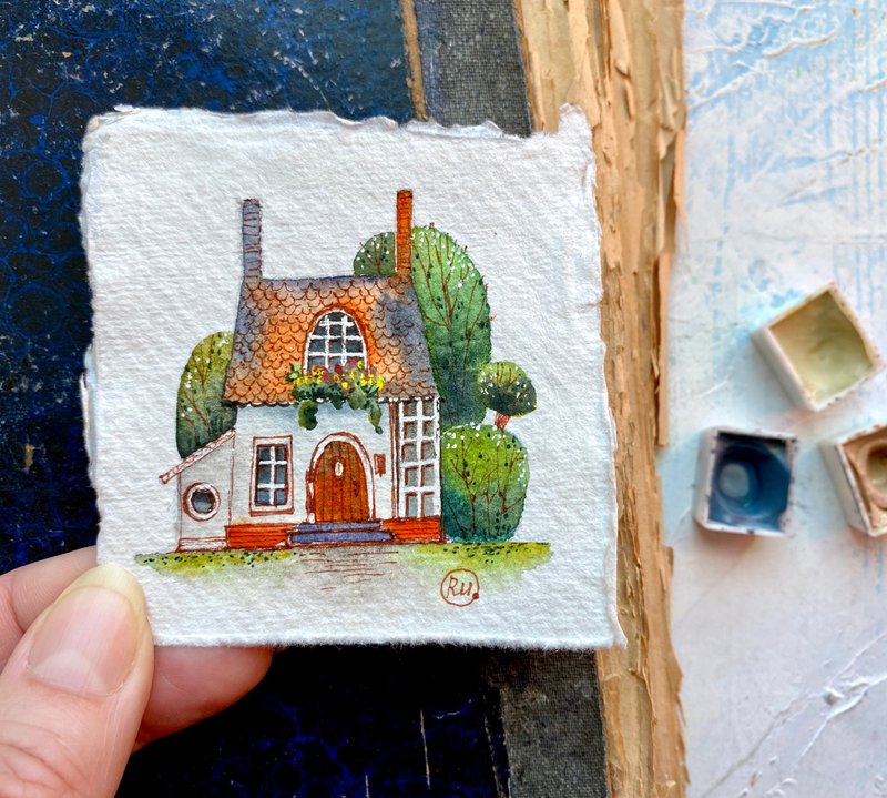 Tiny watercolor house Original painting Small art Mini wall art by Rubinova - 海報/掛畫/掛布 - 紙 多色