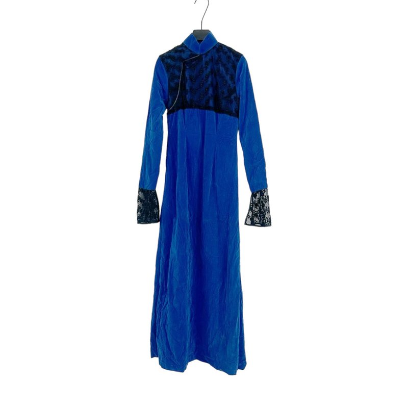 Second-hand blue and black color flannelette stiff stitching lace cheongsam long-sleeved dress PF105 - Qipao - Polyester Blue