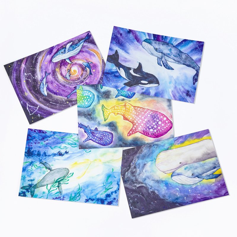 【鯨歸何處】 水彩插畫 明信片 一套五款 鯨魚 鯨落 海洋 藍色 - 卡片/明信片 - 紙 藍色